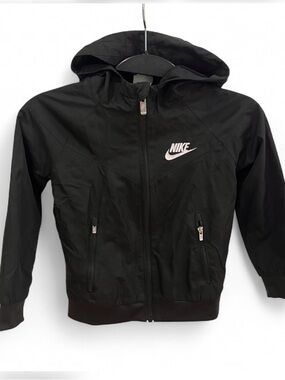 NIKE - KIDS Black Hooded Windbreaker Jacket - White Logo